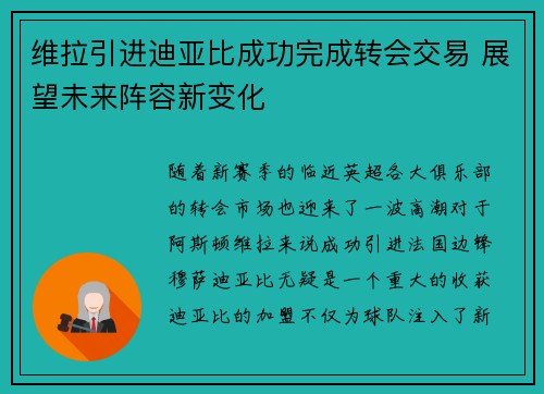 维拉引进迪亚比成功完成转会交易 展望未来阵容新变化