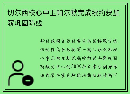 切尔西核心中卫帕尔默完成续约获加薪巩固防线 切尔西核心中卫帕尔默完成续约获加薪巩固防线